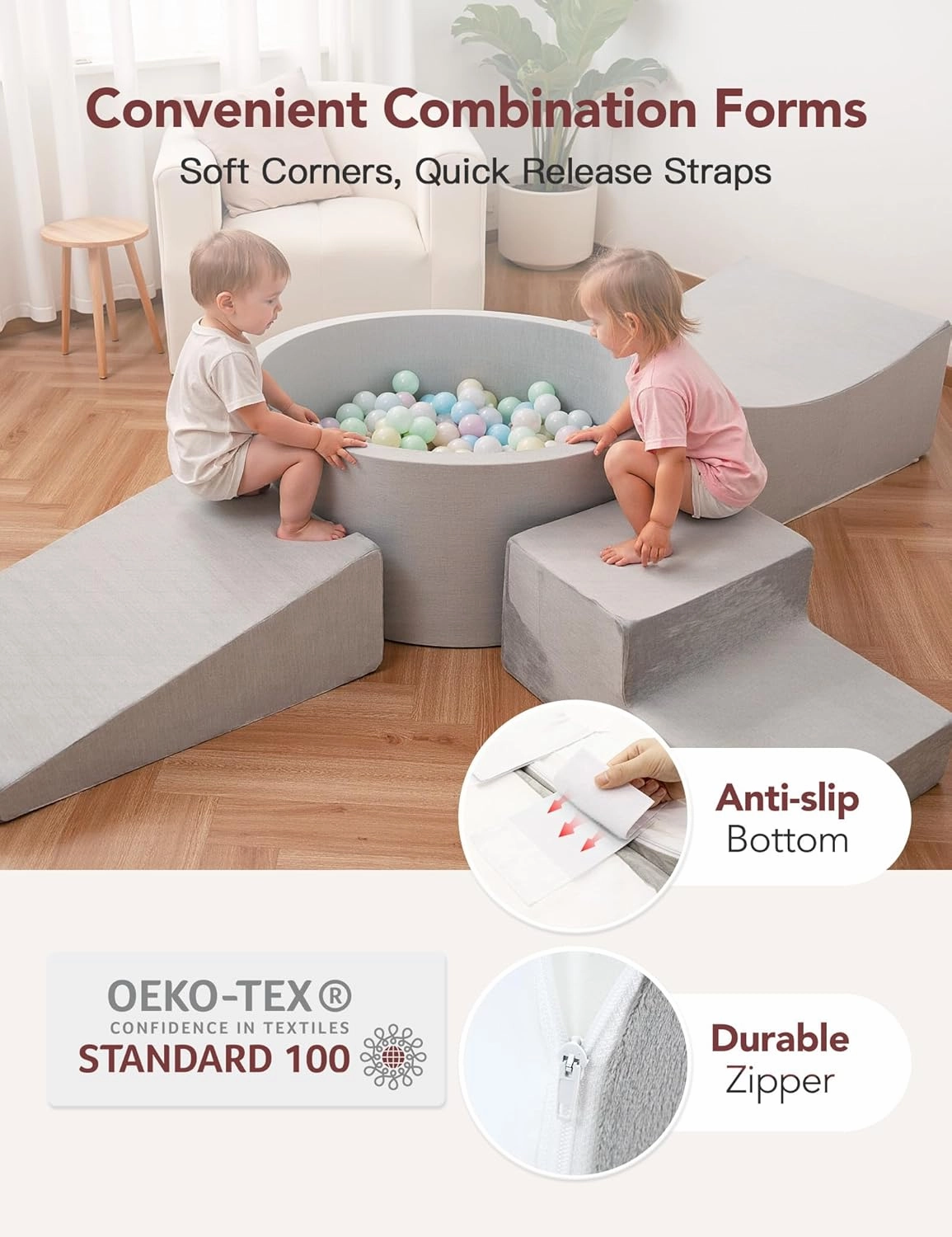 HOFISH 5-Piece Foam Playset for Toddler Children, Playset Designed Easy to Clean or Install, Children Indoor Active Climbing Crawling and Playing -(Balls NOT Included) (Light Gray with ball pit, 5PCS)