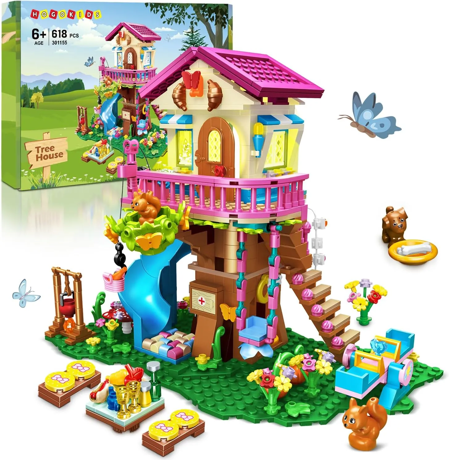 HOGOKIDS Tree House Building Set with LED Light - 622pcs Treehouse Building Blocks Toys, Forest Up House Toys with Slide, Birthday Easter Gifts for Kids Girls Boys Age 8 9 10 11 12 