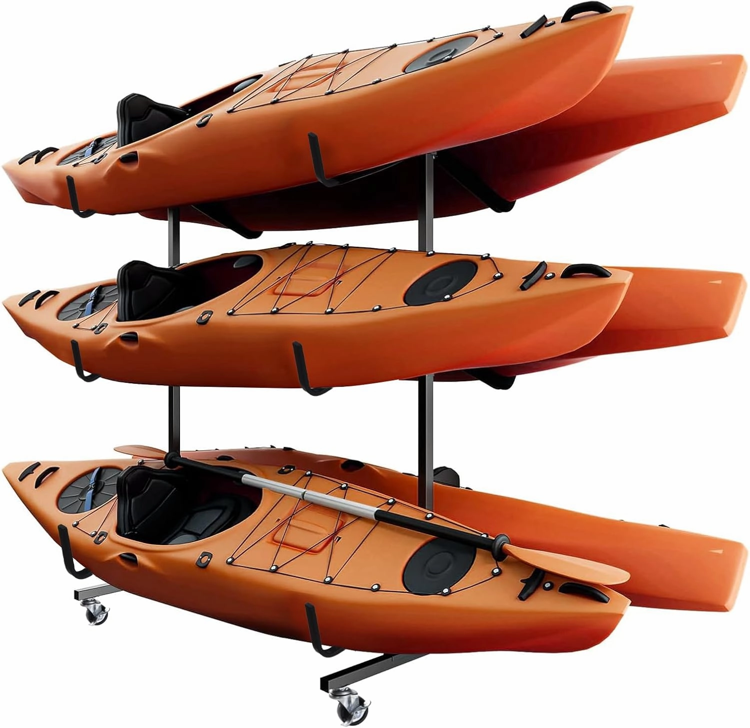 Holds 6 Kayaks Paddle Board Rack - with Lockable Wheels 3 Levels Heavy Duty Adjustable Rust-proof Stand | 51.18~66.9in Width Adjustable Canoe Rack for Dock, Garage, Shed, Indoor, Outdoor Use