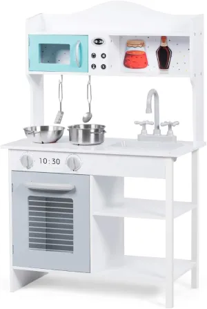 HONEY JOY Kids Kitchen Playset, Toddlers Wooden Play Kitchen Set w/Microwave, Sink, Stove & Oven, Cookware Utensils, Large Storage Shelf, Little Chef Pretend Play Toy Kitchen Set for Boy Girl Age 3 