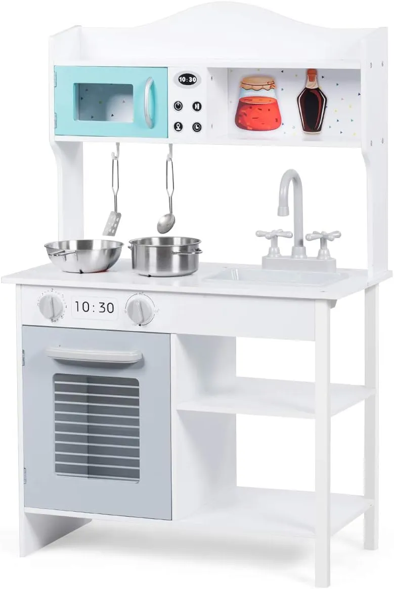 HONEY JOY Kids Kitchen Playset, Toddlers Wooden Play Kitchen Set w/Microwave, Sink, Stove & Oven, Cookware Utensils, Large Storage Shelf, Little Chef Pretend Play Toy Kitchen Set for Boy Girl Age 3 
