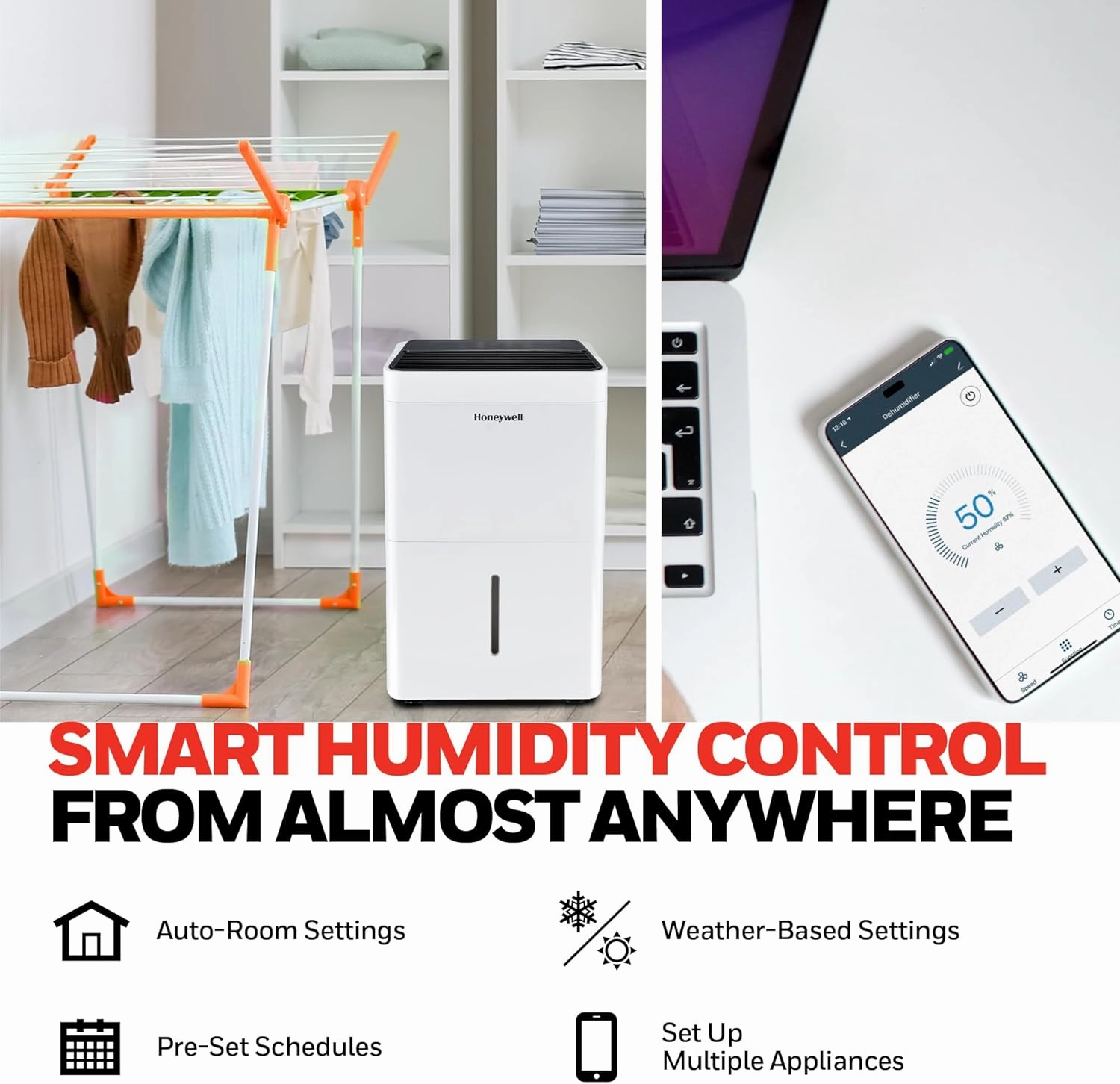 Honeywell 32-Pint ENERGY STAR Smart WiFi Dehumidifier for 3,000 Sq Ft – Laundry Mode, Auto-Comfort Mode & Thermal Overload Protection, TPFIT32AWK