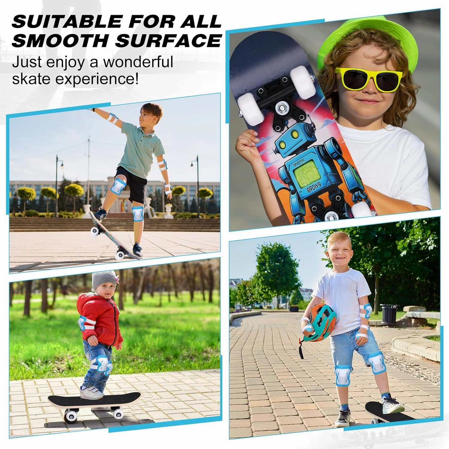 Honoson 7 Pcs Skateboard for Toddlers Beginners Knee Elbow Pads Wrist Guards Gear Set
