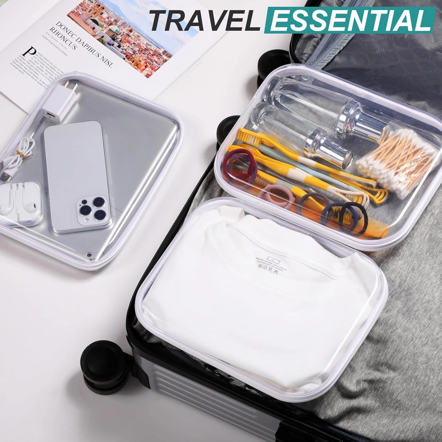 Hoolerry 3 Pcs Clear Hard Zipper Case Plastic Pouch Transparent Hard Case Clear Makeup Bag Portable Travel Organizer Bin for Cosmetics, Building Blocks, Puzzles(White,M)