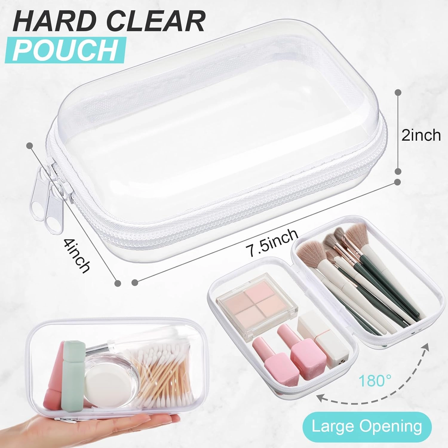 Hoolerry 3 Pcs Clear Hard Zipper Case Plastic Pouch Transparent Hard Case Clear Makeup Bag Portable Travel Organizer Bin for Cosmetics, Building Blocks, Puzzles(White,S)