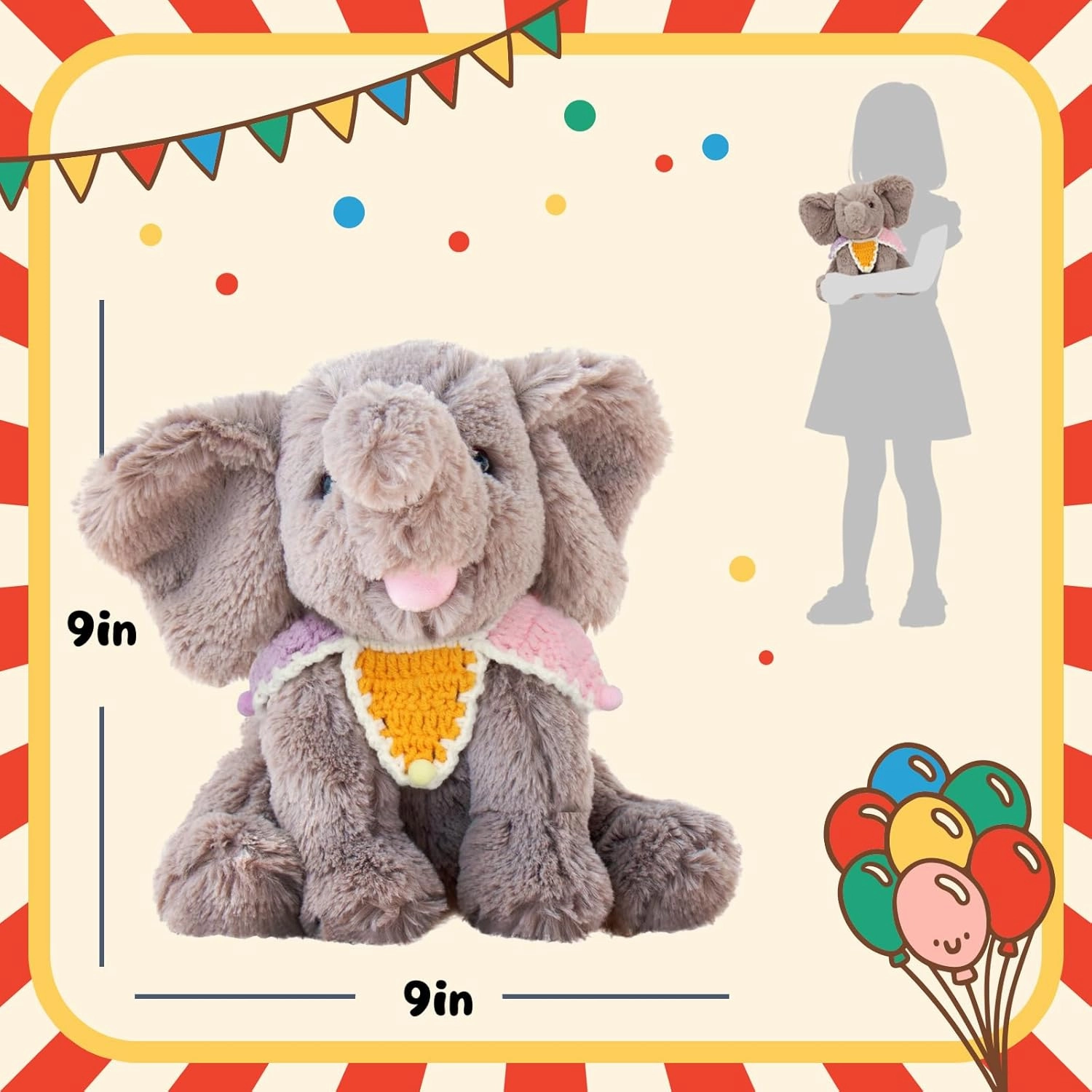 Hopearl Adorable Plush Calf Elephant Toy with Colorful Knitted Bib Floppy Elephish Ultra Xmas Soft Stuffed Animal for Boys Girls Kids Toddlers, Gray, 9''