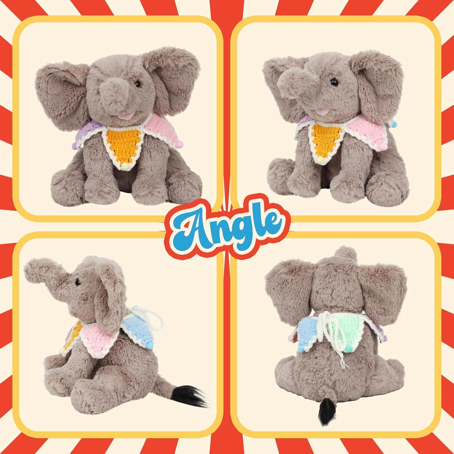 Hopearl Adorable Plush Calf Elephant Toy with Colorful Knitted Bib Floppy Elephish Ultra Xmas Soft Stuffed Animal for Boys Girls Kids Toddlers, Gray, 9''