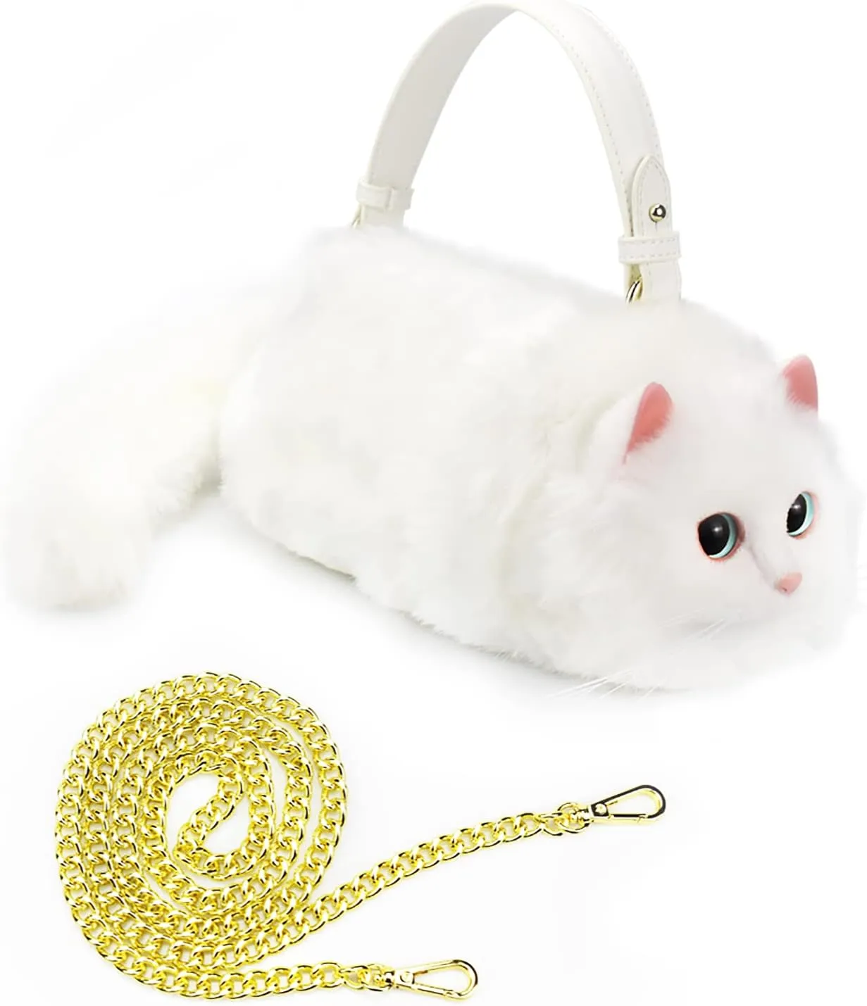 HUIJUFU Realistic Puffy Plush Cat Shaped Crossbody Handbag for Women