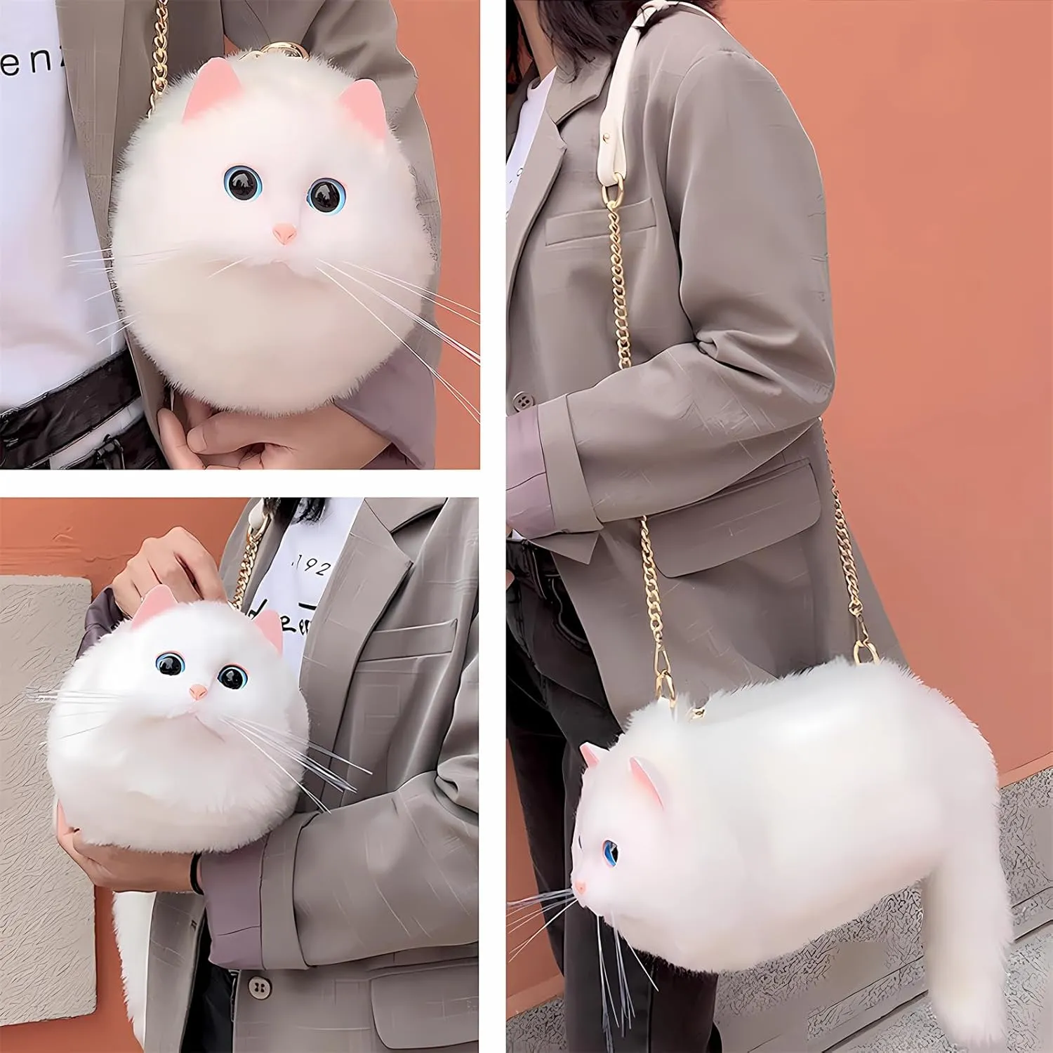 HUIJUFU Realistic Puffy Plush Cat Shaped Crossbody Handbag for Women