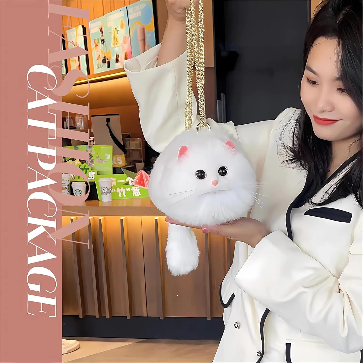 HUIJUFU Realistic Puffy Plush Cat Shaped Crossbody Handbag for Women
