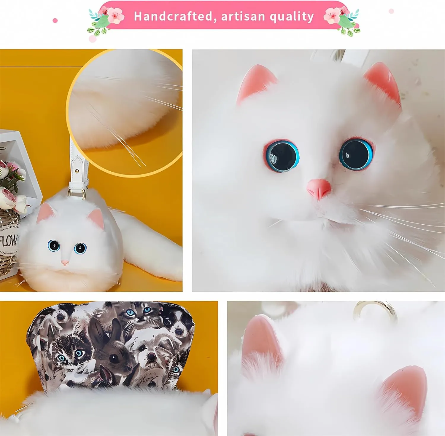 HUIJUFU Realistic Puffy Plush Cat Shaped Crossbody Handbag for Women