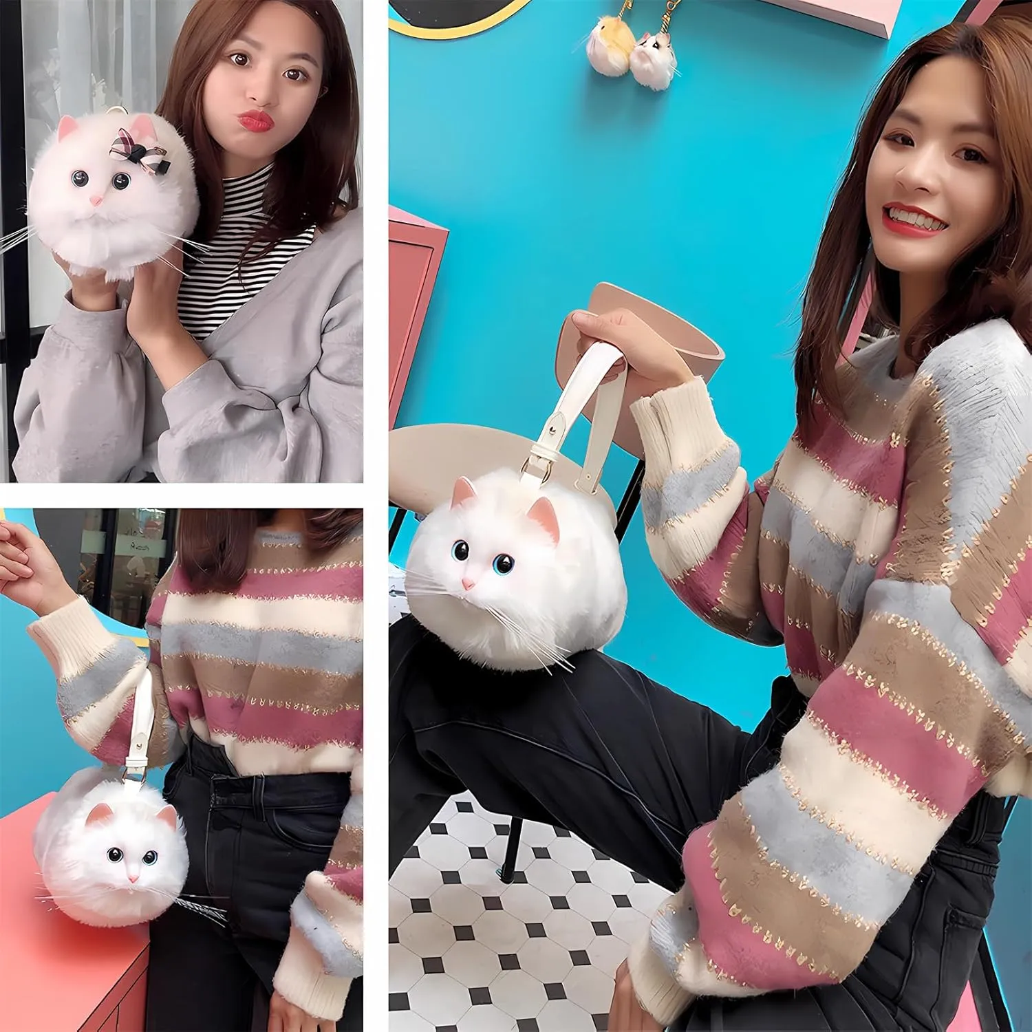 HUIJUFU Realistic Puffy Plush Cat Shaped Crossbody Handbag for Women