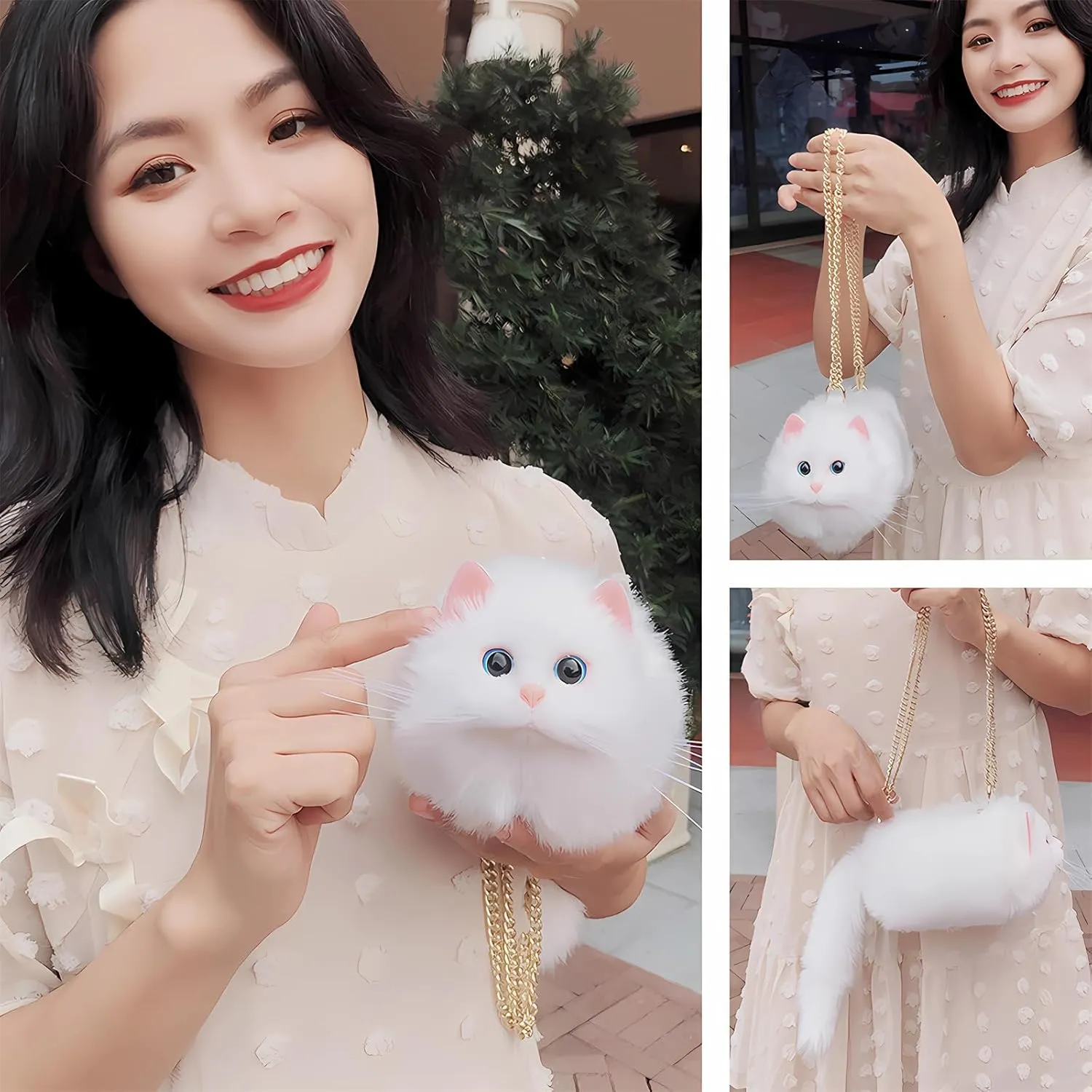 HUIJUFU Realistic Puffy Plush Cat Shaped Crossbody Handbag for Women