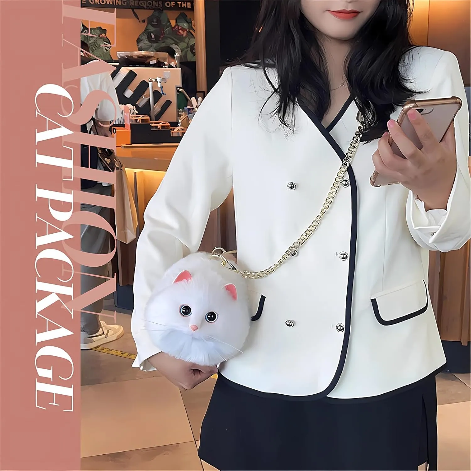 HUIJUFU Realistic Puffy Plush Cat Shaped Crossbody Handbag for Women