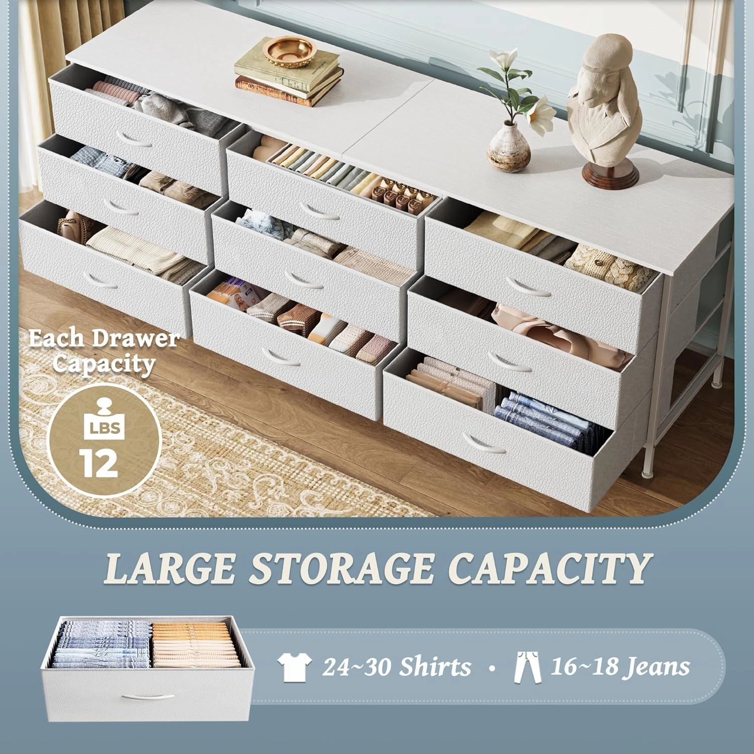 Huuger 63 Inch Dresser for Bedroom, Dresser for Closet with 9 Drawers, Large TV Stand for 55, 65, 70 Inch TV, Entertainment Center with Storage, Wide Long Chest of Drawers, White