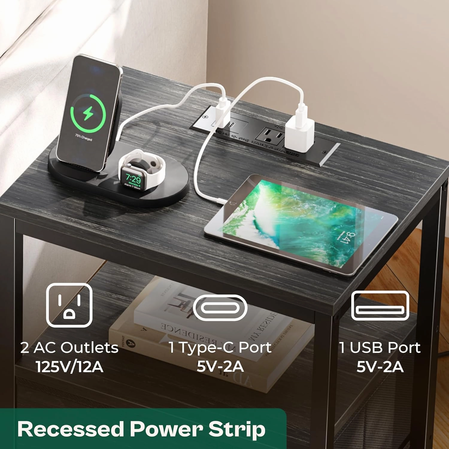 Huuger Nightstand with Charging Station, 27.6 Inch End Table Bedside Table with USB Ports and Outlets, Night Stand for Bedroom, Fabric Drawers, Charcoal Black Wood Grain Print