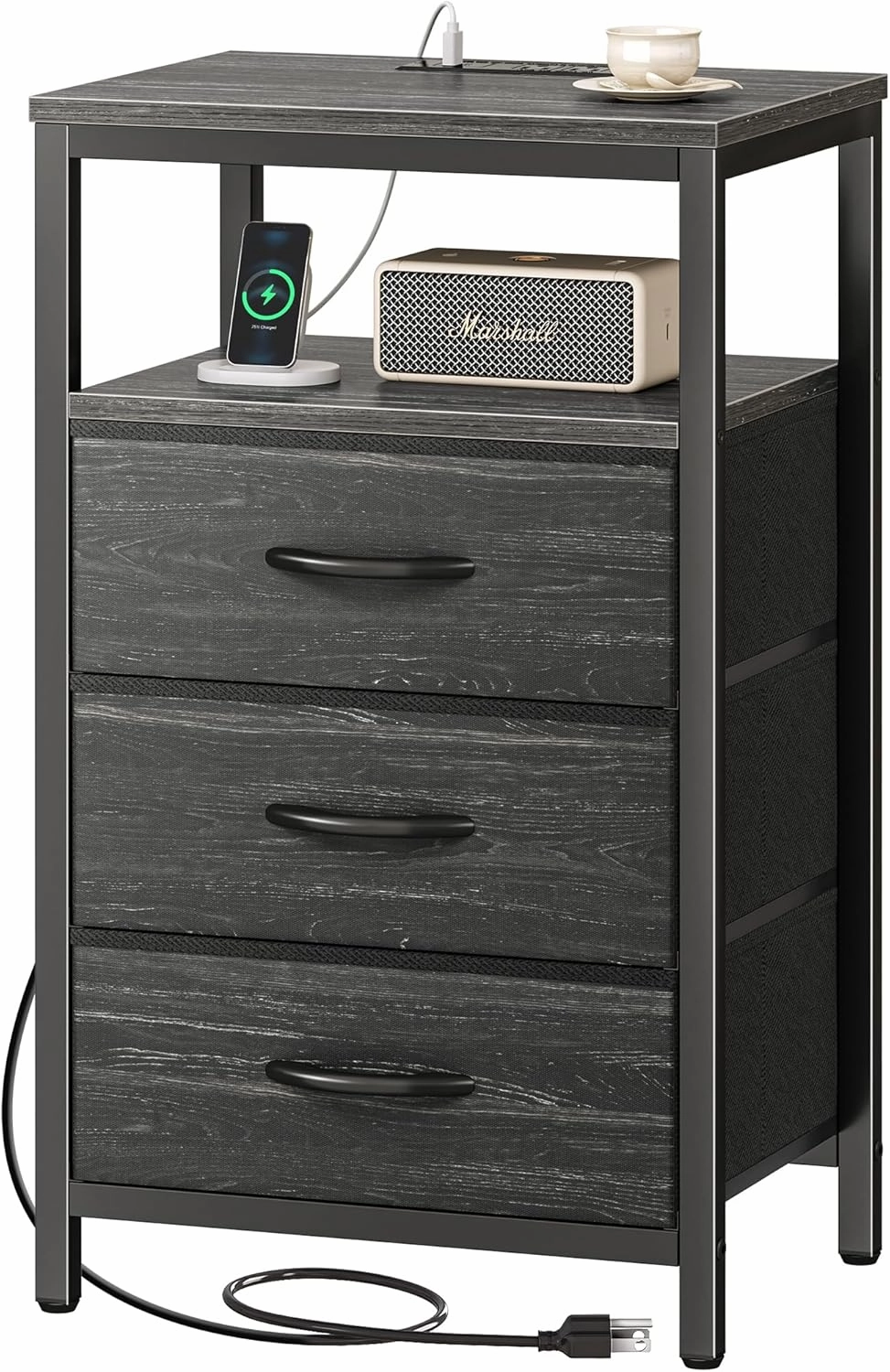 Huuger Nightstand with Charging Station, 27.6 Inch End Table Bedside Table with USB Ports and Outlets, Night Stand for Bedroom, Fabric Drawers, Charcoal Black Wood Grain Print