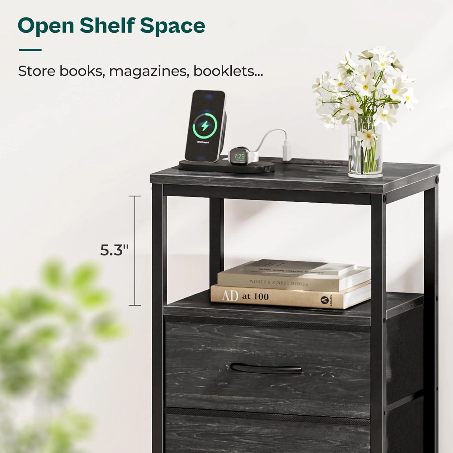 Huuger Nightstand with Charging Station, 27.6 Inch End Table Bedside Table with USB Ports and Outlets, Night Stand for Bedroom, Fabric Drawers, Charcoal Black Wood Grain Print
