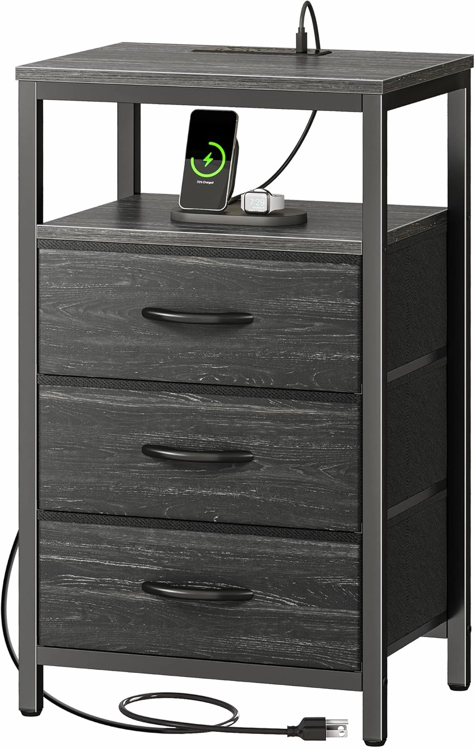 Huuger Nightstand with Charging Station, 27.6 Inch End Table Bedside Table with USB Ports and Outlets, Night Stand for Bedroom, Fabric Drawers, Charcoal Black Wood Grain Print