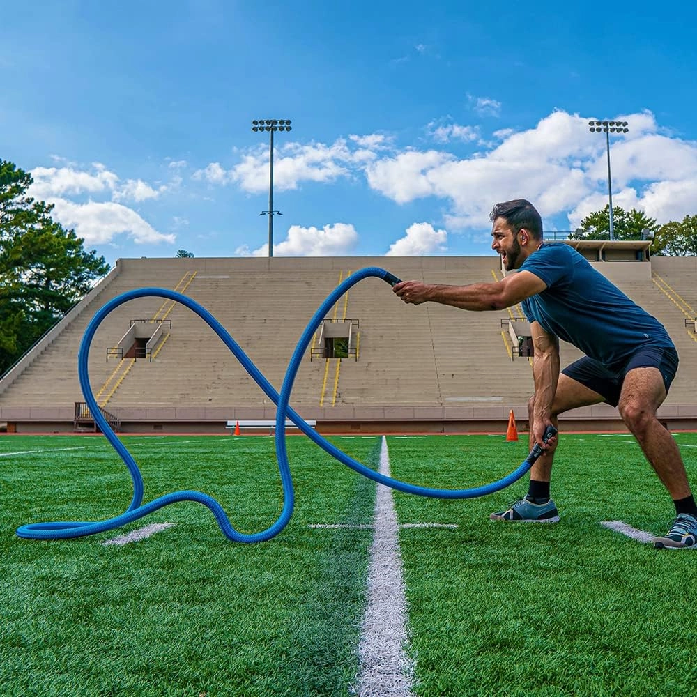 HYPERWEAR Hyper Rope Weighted Short Battle Rope (15lb or 19lb, 1.5in x 20ft/25ft) – Anchor Optional, Full-Body Workouts in 6ft of Space (Blue or Black)