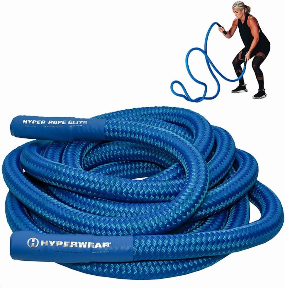 HYPERWEAR Hyper Rope Weighted Short Battle Rope (15lb or 19lb, 1.5in x 20ft/25ft) – Anchor Optional, Full-Body Workouts in 6ft of Space (Blue or Black)