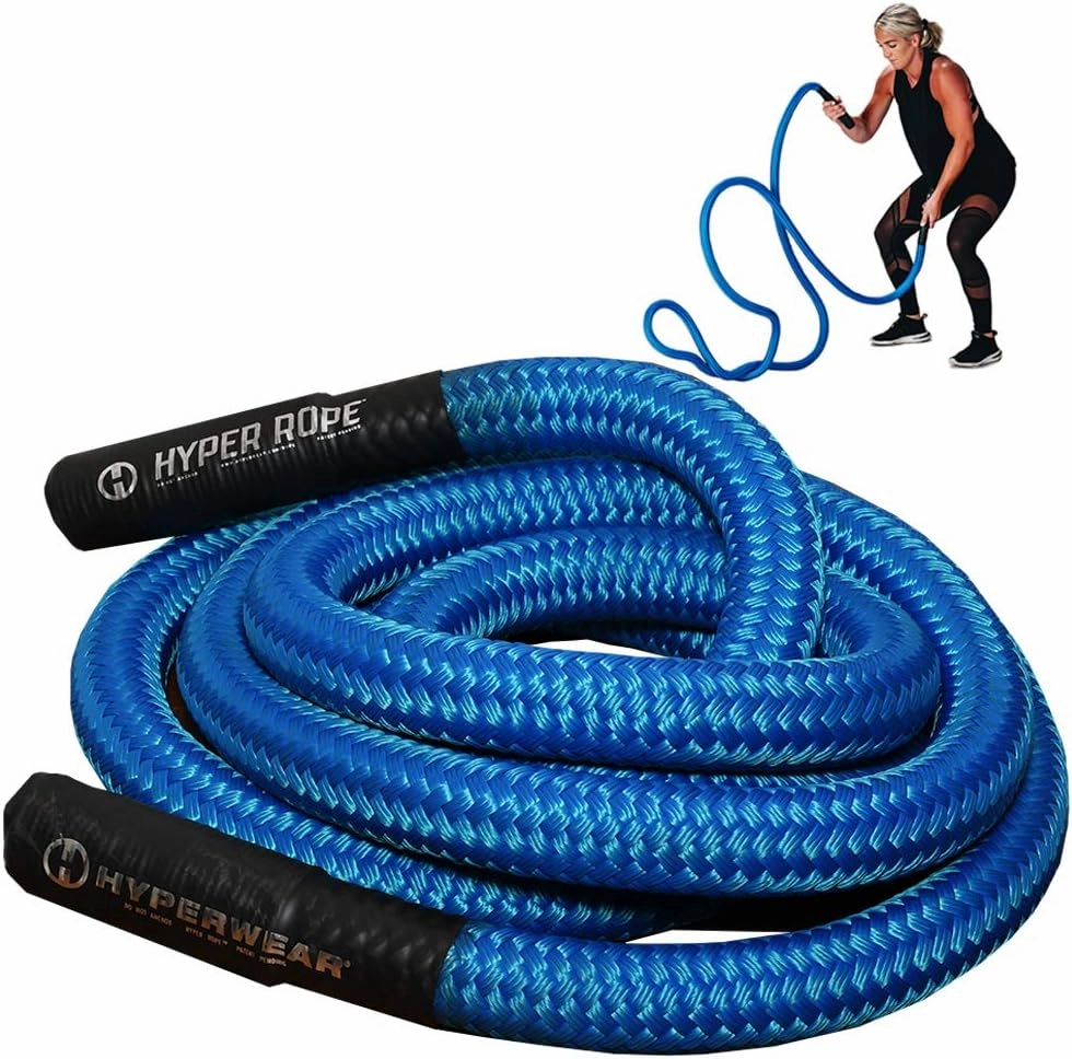 HYPERWEAR Hyper Rope Weighted Short Battle Rope (15lb or 19lb, 1.5in x 20ft/25ft) – Anchor Optional, Full-Body Workouts in 6ft of Space (Blue or Black)