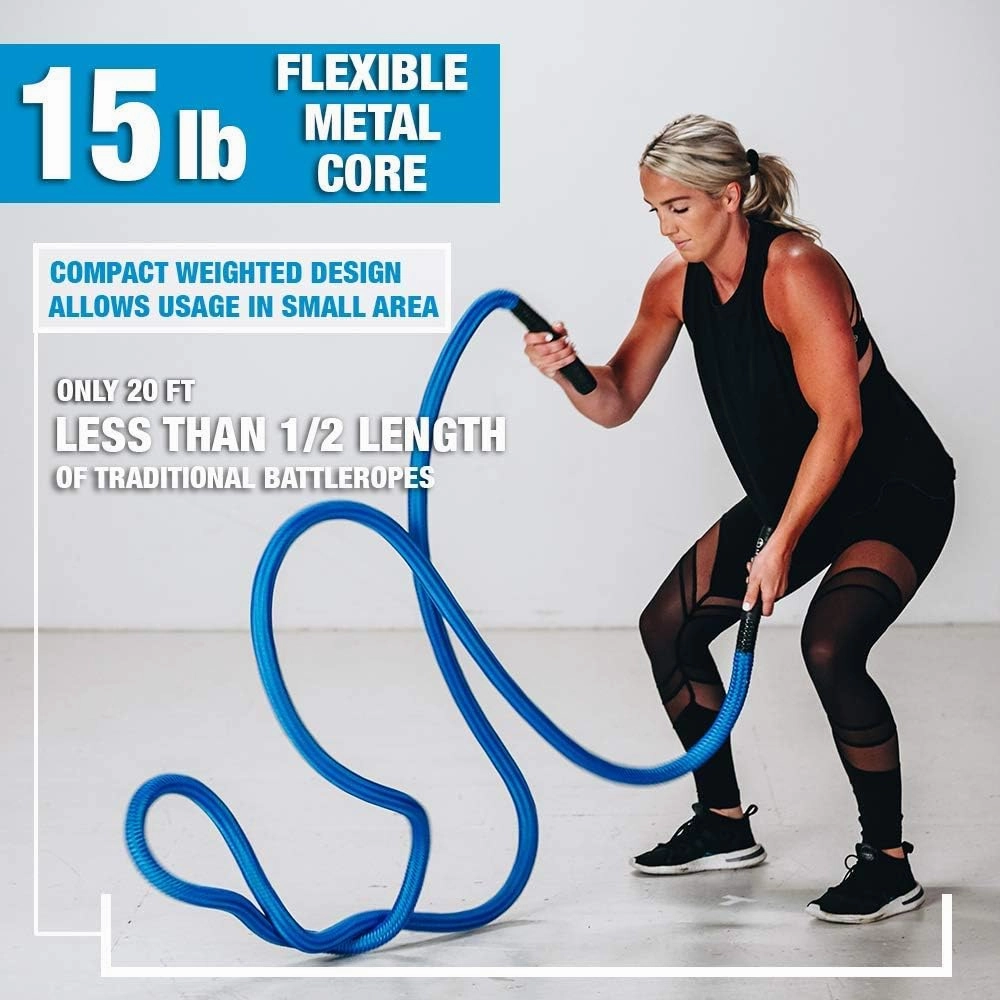 HYPERWEAR Hyper Rope Weighted Short Battle Rope (15lb or 19lb, 1.5in x 20ft/25ft) – Anchor Optional, Full-Body Workouts in 6ft of Space (Blue or Black)