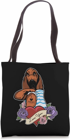 I Love Mom Tattoo Design I Funny Bloodhound Mom Tote Bag