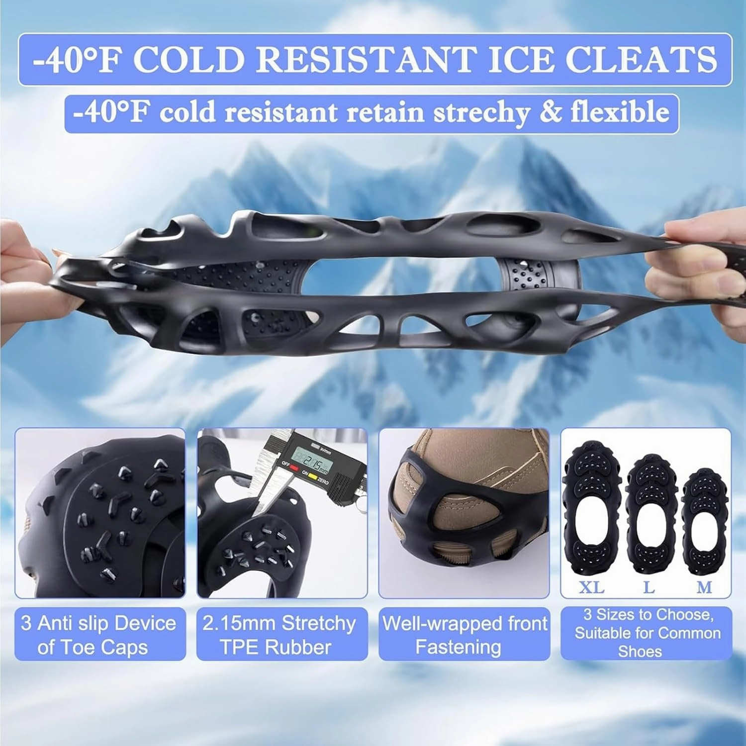 Ice Cleats, Ice Cleats for Shoes and Boots, Crampons for Shoes with 30 Spikes Anti Slip Snow Shoes