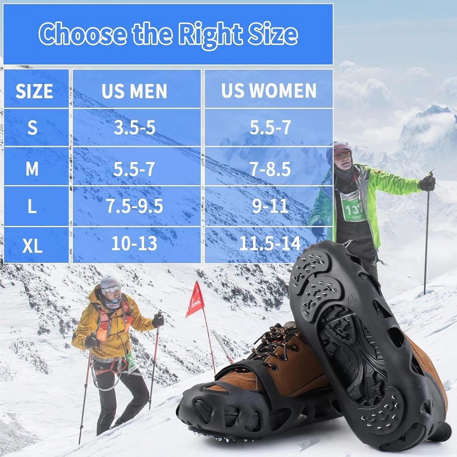 Ice Cleats, Ice Cleats for Shoes and Boots, Crampons for Shoes with 30 Spikes Anti Slip Snow Shoes