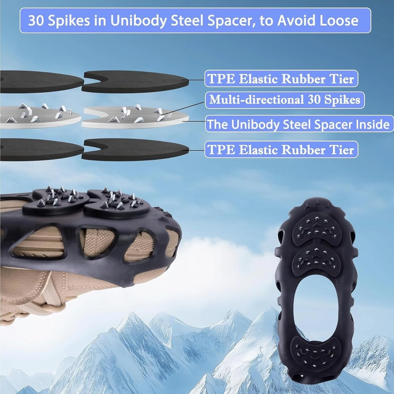 Ice Cleats, Ice Cleats for Shoes and Boots, Crampons for Shoes with 30 Spikes Anti Slip Snow Shoes