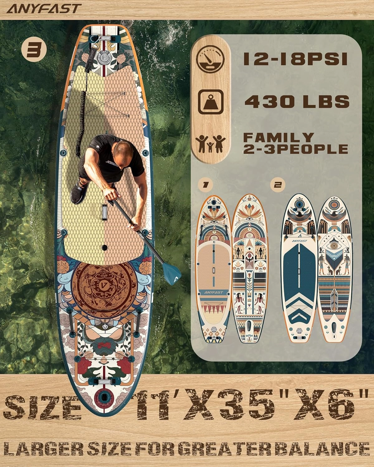 Inflatable Stand Up Paddle Boards - Extra Wide Fishing Paddleboard,Cool Design,Ultra Stable Standup SUP,5 Handles,15 D-Rings, Camera Mount,10L Dry Bag,100L Backpack, Youth/Adults