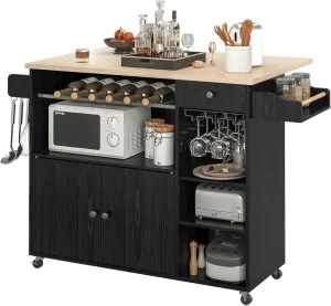 IRONCK Rolling Kitchen Island Cart with Drop-Leaf and Wine Rack, Microwave Rack Serving Cart on Wheels with Drawer & Shelves & Spice Rack & Cup Hanging, Black