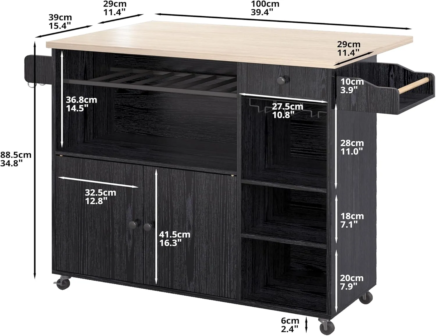 IRONCK Rolling Kitchen Island Cart with Drop-Leaf and Wine Rack, Microwave Rack Serving Cart on Wheels with Drawer & Shelves & Spice Rack & Cup Hanging, Black