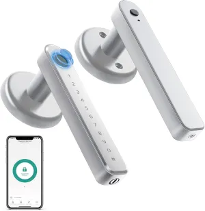 IRONZON Fingerprint Door Lock Smart Door Lock with App/Code/Backup Key/Fingerprint Smart Door Knob with Handle for Home Hotel Office Apartment Bedroom Silver