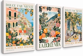 Italy Amalfi Coast Wall Art Decor Vintage Italian City Canvas Painting Italy Travel Landscape Poster Mediterranean Pictures Food Lemon Prints Beach Artwork for Kitchen Living Room 12x16 Inch Framed