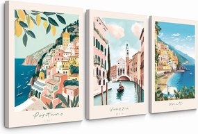 Italy Amalfi Coast Wall Art Italian City Canvas Wall Decor Italy Travel Landscape Wall Art Posters Blue Venice Beach Painting Pictures Italian Modern Artwork for Home 16x24 Inch Framed Set of 3