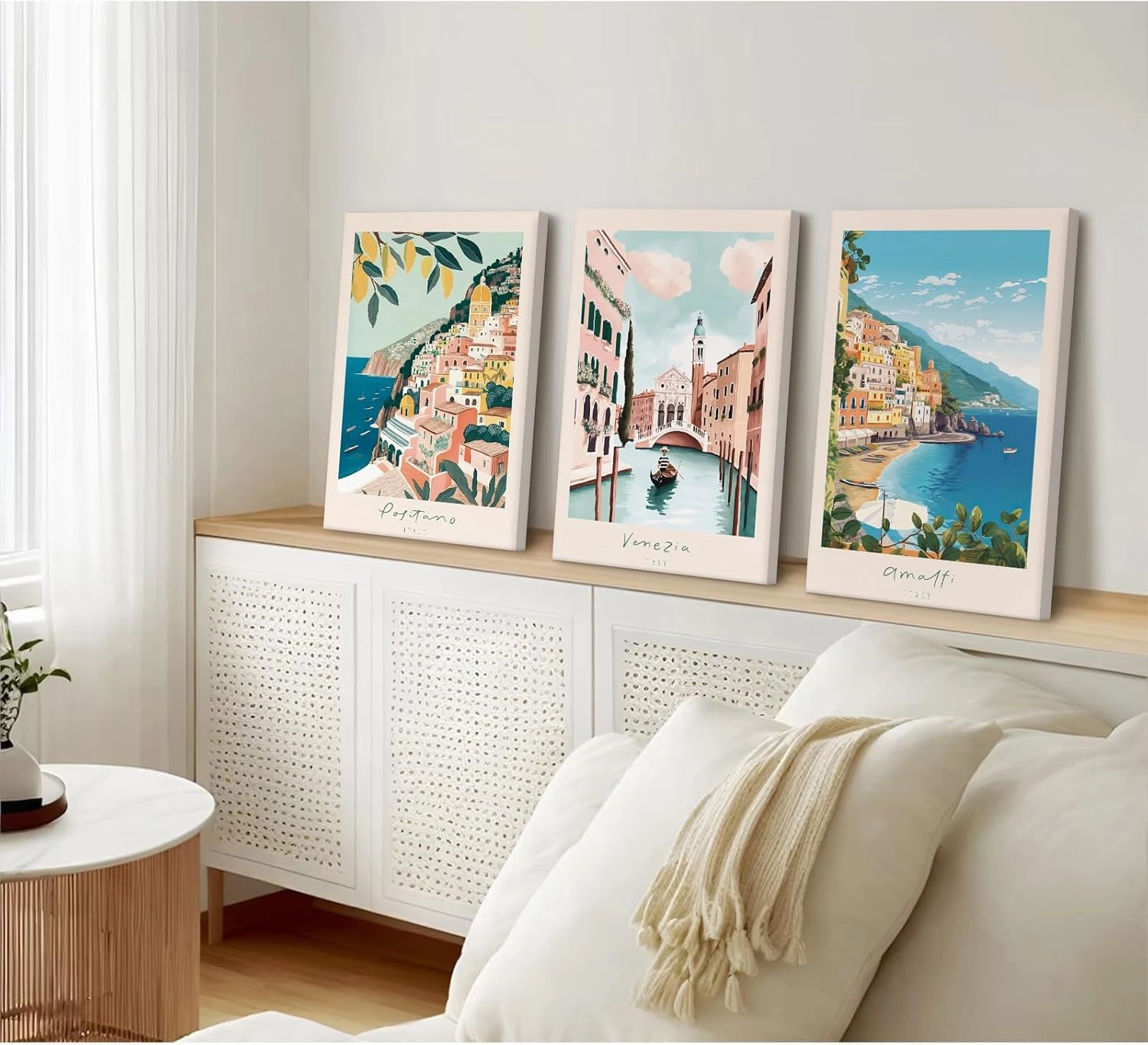 Italy Amalfi Coast Wall Art Italian City Canvas Wall Decor Italy Travel Landscape Wall Art Posters Blue Venice Beach Painting Pictures Italian Modern Artwork for Home 16x24 Inch Framed Set of 3