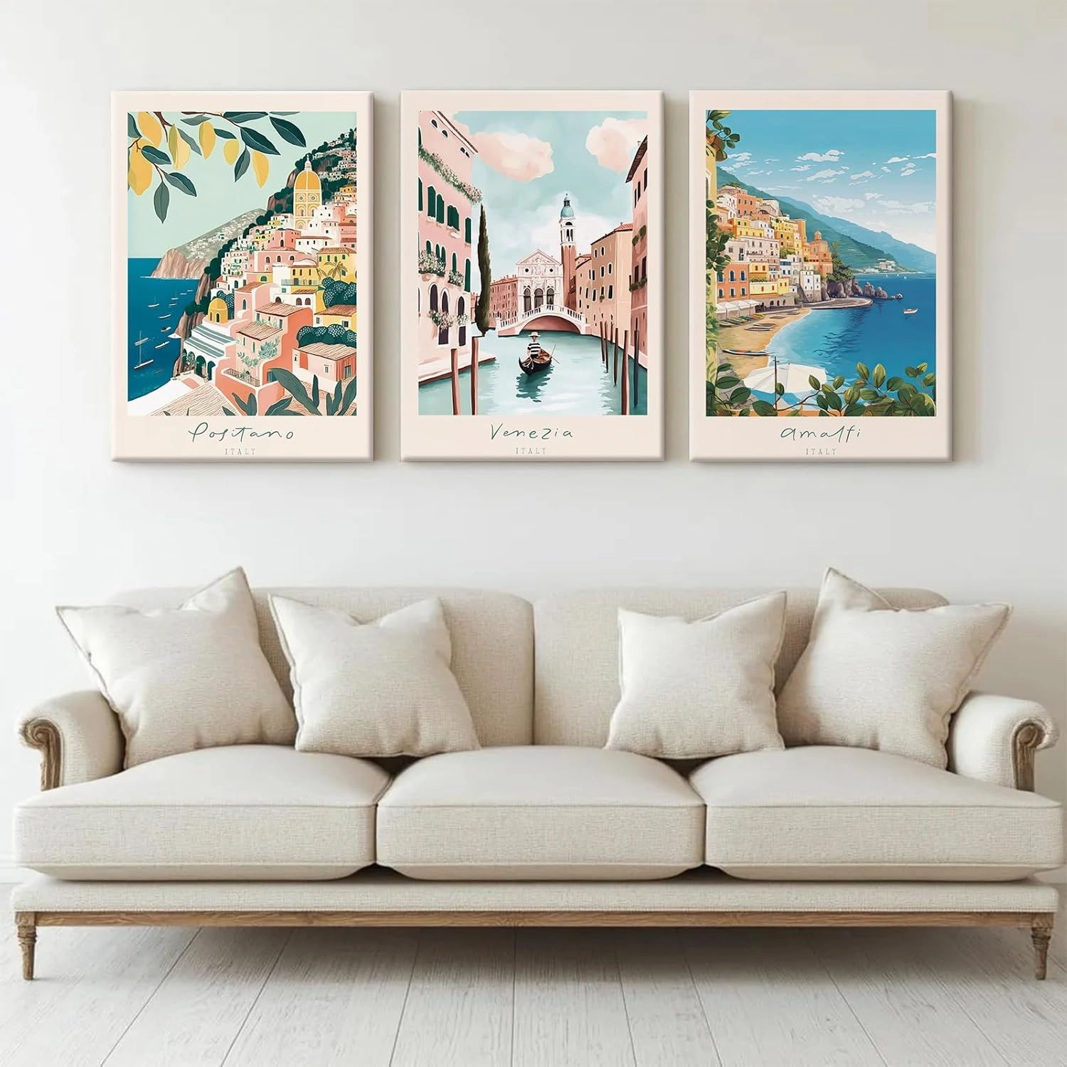 Italy Amalfi Coast Wall Art Italian City Canvas Wall Decor Italy Travel Landscape Wall Art Posters Blue Venice Beach Painting Pictures Italian Modern Artwork for Home 16x24 Inch Framed Set of 3