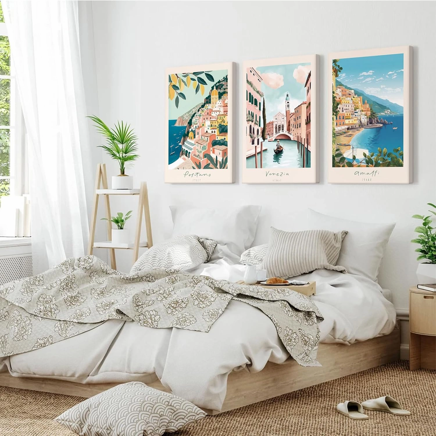 Italy Amalfi Coast Wall Art Italian City Canvas Wall Decor Italy Travel Landscape Wall Art Posters Blue Venice Beach Painting Pictures Italian Modern Artwork for Home 16x24 Inch Framed Set of 3