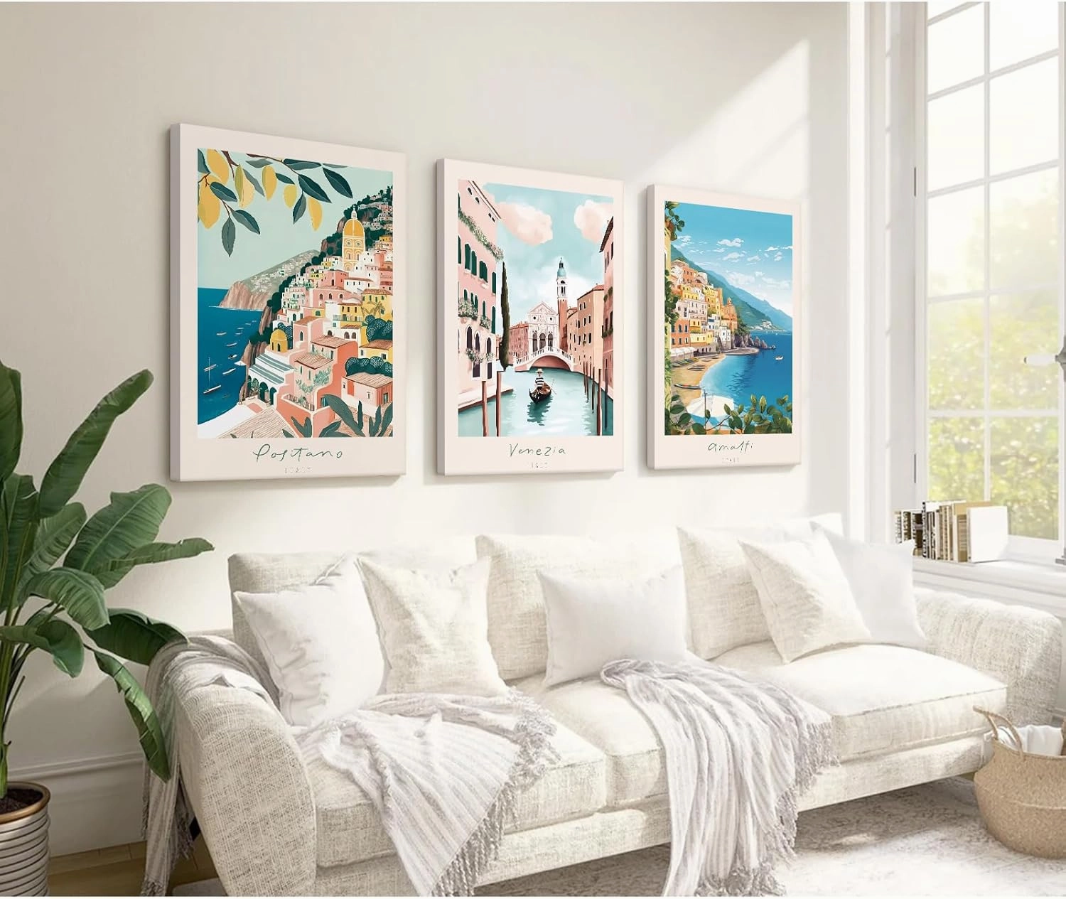 Italy Amalfi Coast Wall Art Italian City Canvas Wall Decor Italy Travel Landscape Wall Art Posters Blue Venice Beach Painting Pictures Italian Modern Artwork for Home 16x24 Inch Framed Set of 3