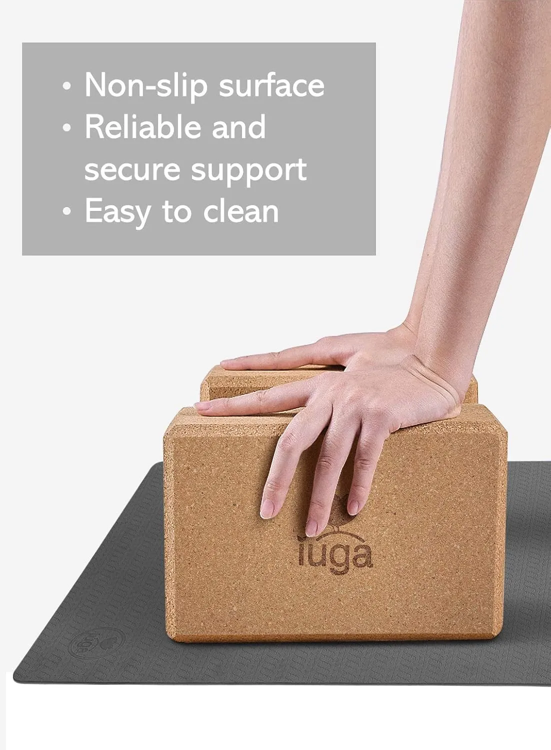 IUGA Yoga Blocks 2 Pack With Strap Non Slip High Density 9"x6"x3" Solid & Cork Yoga Block With Yoga Strap to Improve Strength Balance for Yoga Pilates Meditation