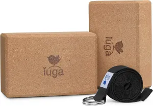 IUGA Yoga Blocks 2 Pack With Strap Non Slip High Density 9"x6"x3" Solid & Cork Yoga Block With Yoga Strap to Improve Strength Balance for Yoga Pilates Meditation