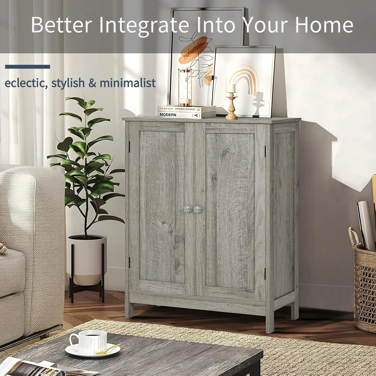 Iwell Floor Storage Cabinet with 2 Adjustable Shelves & 2 Doors, Wooden Bathroom Cabinet for Entryway, Office, Living Room, Gray