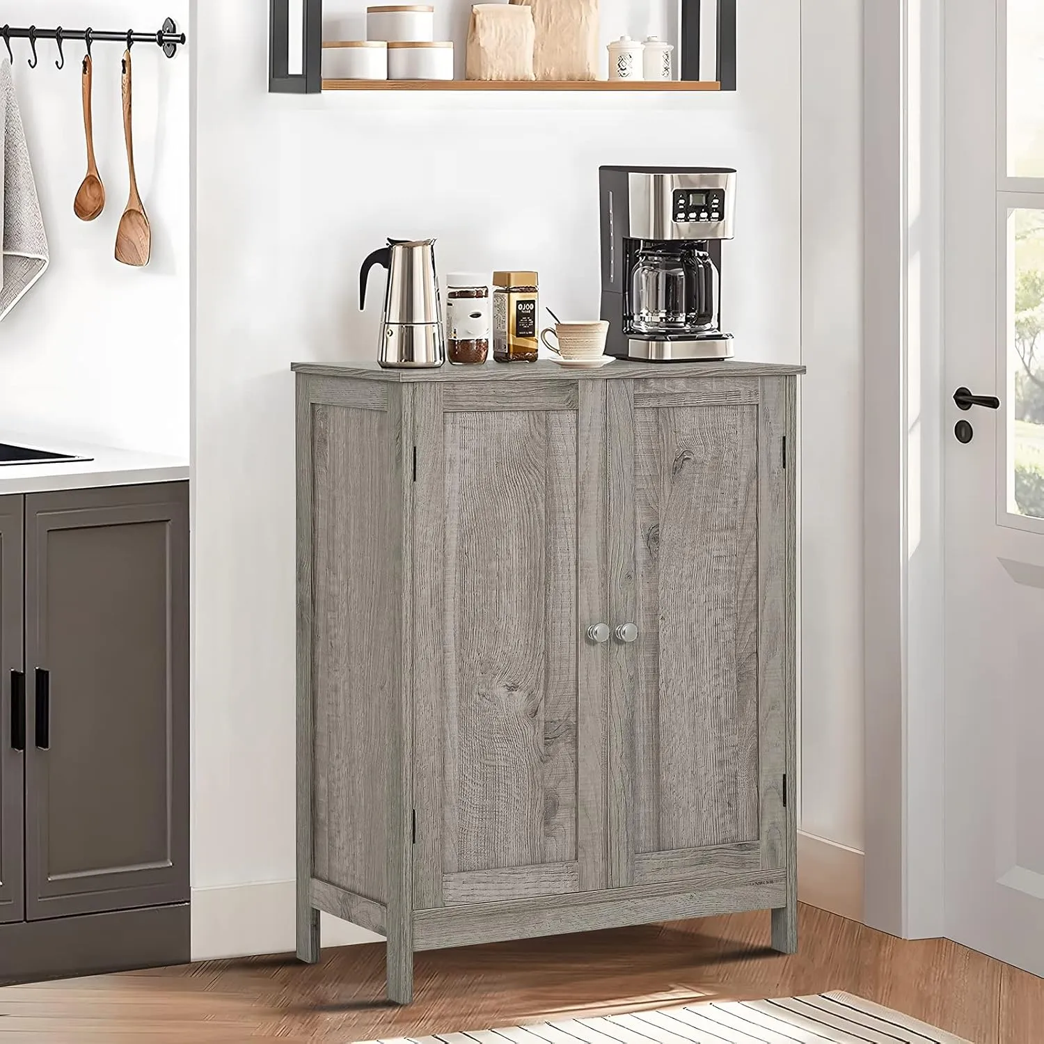 Iwell Floor Storage Cabinet with 2 Adjustable Shelves & 2 Doors, Wooden Bathroom Cabinet for Entryway, Office, Living Room, Gray