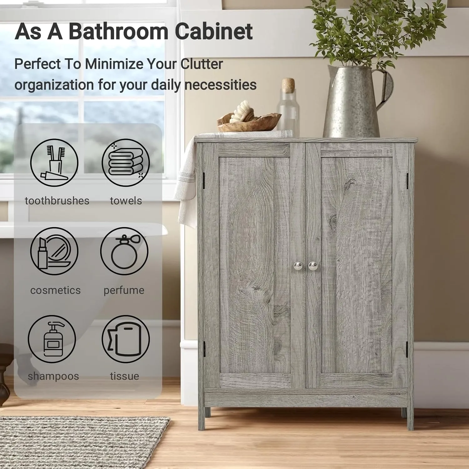 Iwell Floor Storage Cabinet with 2 Adjustable Shelves & 2 Doors, Wooden Bathroom Cabinet for Entryway, Office, Living Room, Gray