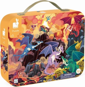Janod 54 Piece Children’s Jigsaw Puzzle - Fiery Dragons - Giftable Carrying Case with Fabric Handle - Classic Art Collection - Ages 5-7 Years - J02532