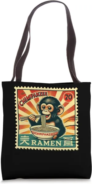 Japanese Sunset Art Postage Stamp Cute Chimpanzee Ramen Tote Bag