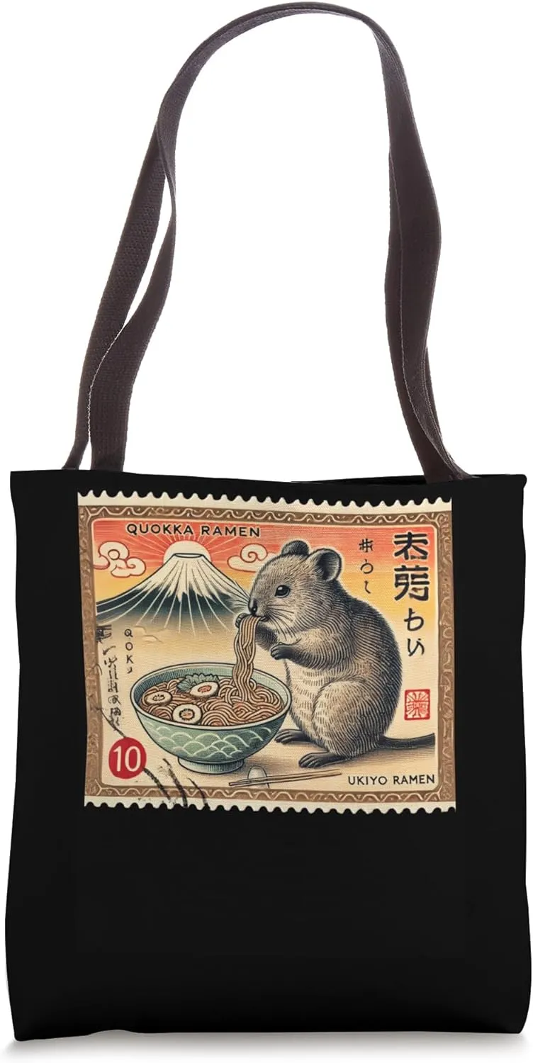 Japanese Sunset Mt. Fuji Postage Stamp Cute Quokka Ramen Tote Bag