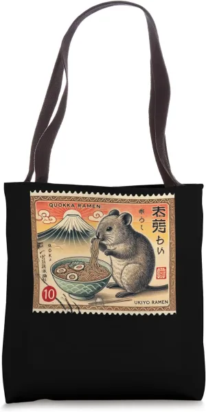 Japanese Sunset Mt. Fuji Postage Stamp Cute Quokka Ramen Tote Bag